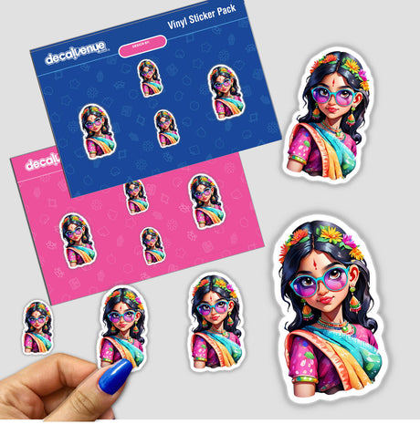 Vibrant Indian Girl Sticker - Colorful Sunglasses Illustration featuring a cartoon woman's face with stylish sunglasses, available as stickers or digital artwork.