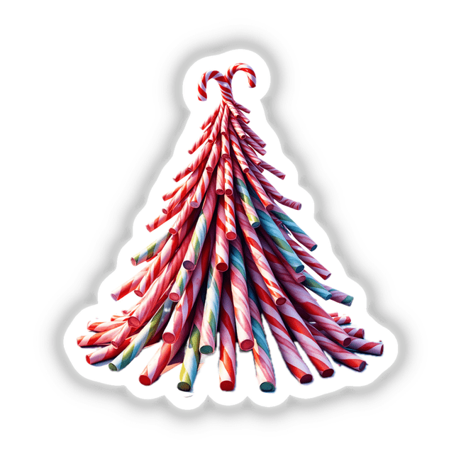 Christmas Candy Cane Pile depicted as a tree-shaped arrangement, available as unique stickers or digital artwork from Decal Venue, emphasizing festive creativity and charm.