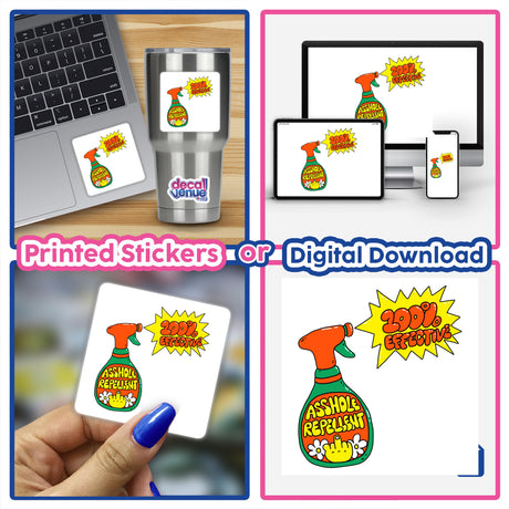 Collage featuring A**hole Repellent stickers and digital artwork, showcasing spray bottle designs on laptops and other surfaces, highlighting Decal Venue's unique vinyl sticker offerings.