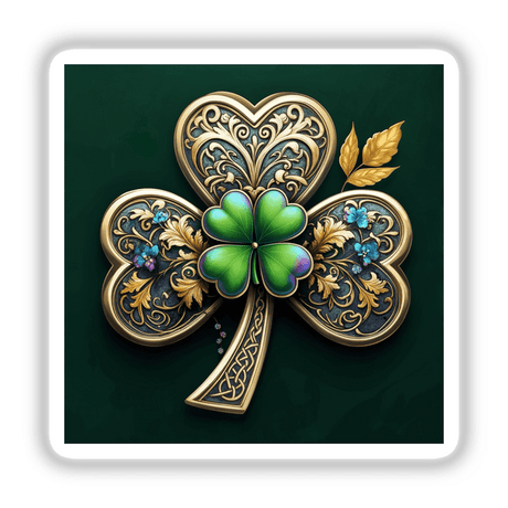 Ornate Shamrock with Golden Filigree, Celtic Patterns, and Floral Accents as a detailed brooch, available as unique stickers or digital artwork, reflecting Decal Venue's artistic flair.