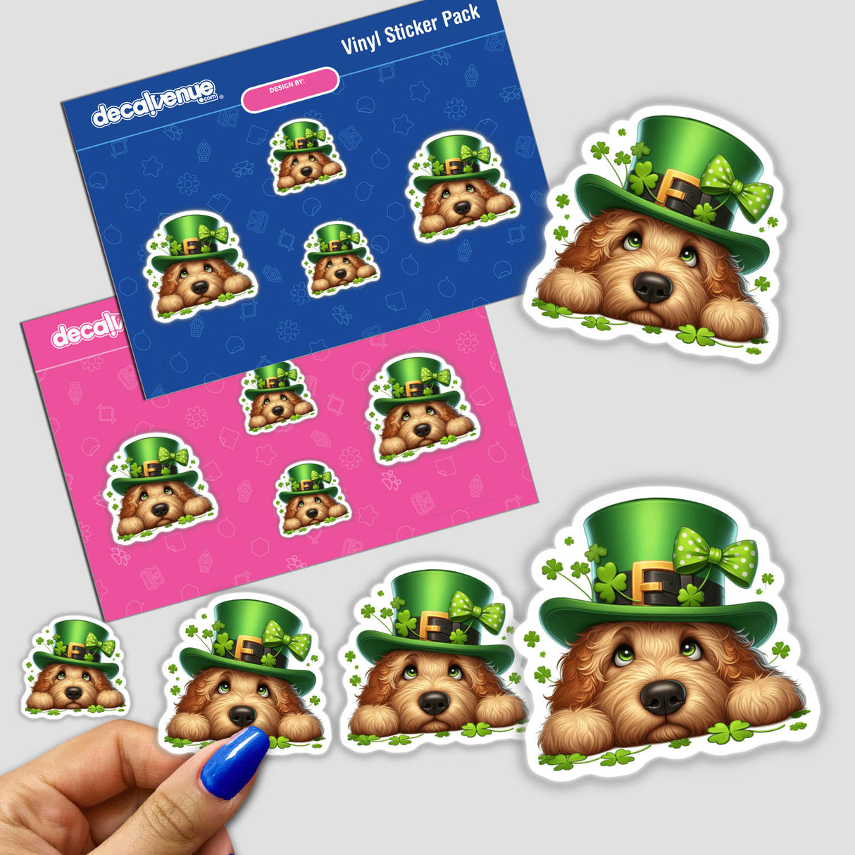 Leprechaun Peeking Goldendoodle Dog sticker featuring a cartoon dog with green eyes wearing a leprechaun hat. Available as stickers or digital artwork from Decal Venue.