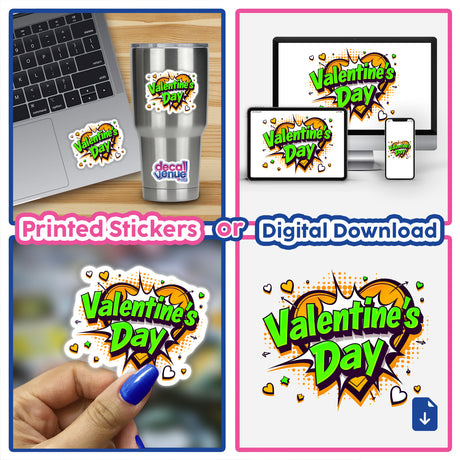 Valentine's Day Love Heart stickers featured on a laptop and held by a person, highlighting their unique design as part of Decal Venue's collection of stickers and digital artwork.