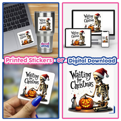 Stickers of a skeleton wearing a Santa hat, carving a pumpkin, highlighting the Skeleton Carving Pumpkin Waiting for Christmas theme.