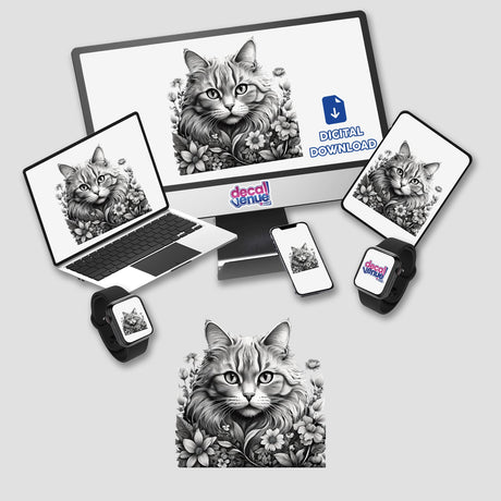 Beautiful Cat Portrait Floral PA06: A laptop, monitor, and phone display a whimsical cat sketch surrounded by flowers, available as stickers or digital artwork.