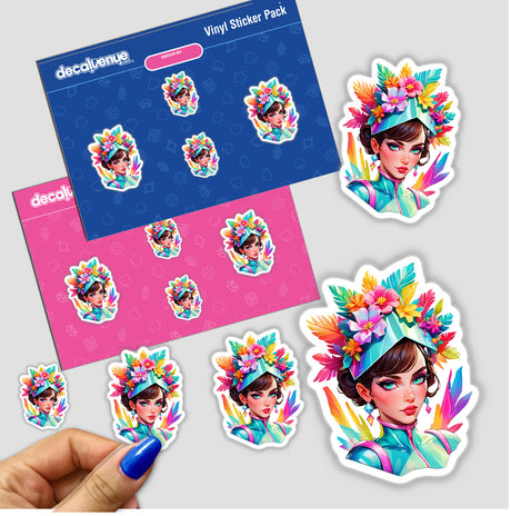 Vibrant Pop Art Sticker - Futuristic Female Portrait with Floral Headpiece featuring a close-up of a hand holding a sticker pack with detailed cartoon characters and floral designs.