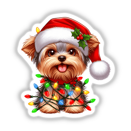 Christmas Yorkie Mistletoe and Tangled Lights: A dog adorned with a Santa hat and Christmas lights, embodying festive cheer, available as stickers or digital artwork from Decal Venue.