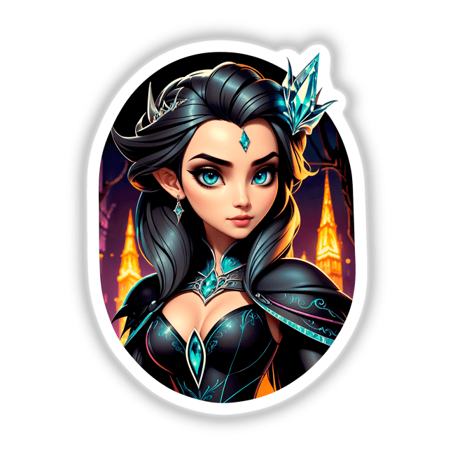 An Evil Queen Anime Girl illustration featuring a cartoon woman with blue eyes and earrings, available as stickers or digital artwork at Decal Venue.