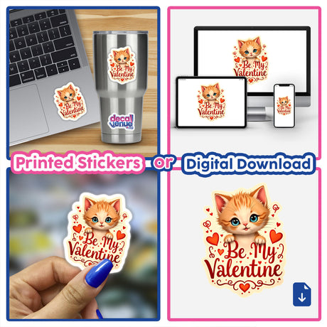 Be My Valentine Valentine's Day Kitten collage featuring stickers and digital downloads, including cartoon kittens, laptops with stickers, and cats holding signs, available at Decal Venue.