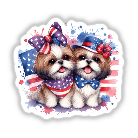 Cute Boy and Girl Shih Tzu Patriotic Dogs illustrated with hats and bow ties, available as stickers or digital artwork. Perfect for fans of unique, whimsical pet-themed designs.