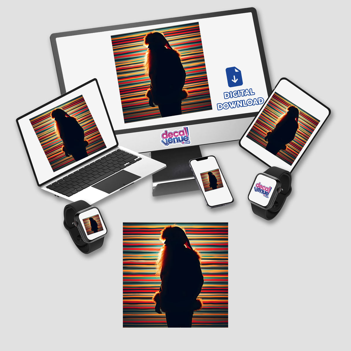 Santa Silhouette with Vibrant Stripes Christmas stickers or digital artwork featuring a computer monitor, laptop with a woman's picture, and phone displaying colorful holiday designs.