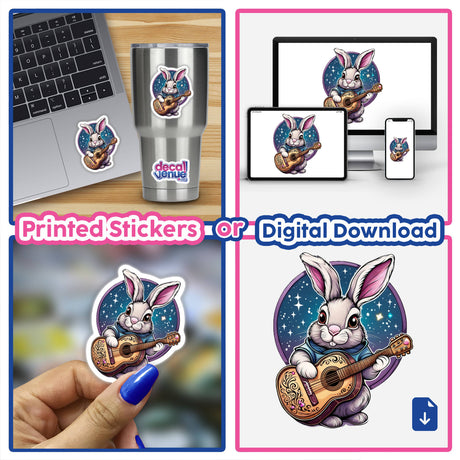 Collage featuring Musical Bunny with Decorative Guitar, showcasing the design as both sticker and digital artwork. The cartoon rabbit plays a guitar, highlighting Decal Venue's unique vinyl stickers and art offerings.