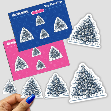 Hand with blue nail polish holds a Chinoiserie Christmas Tree sticker pack, featuring festive tree designs. Available as stickers or digital artwork from Decal Venue.