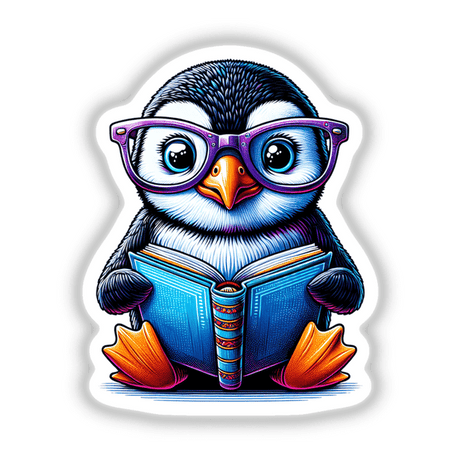 Penguin With Reading Glasses Open Book illustration, featuring a cartoon penguin engrossed in a book, available as stickers or digital artwork from Decal Venue.