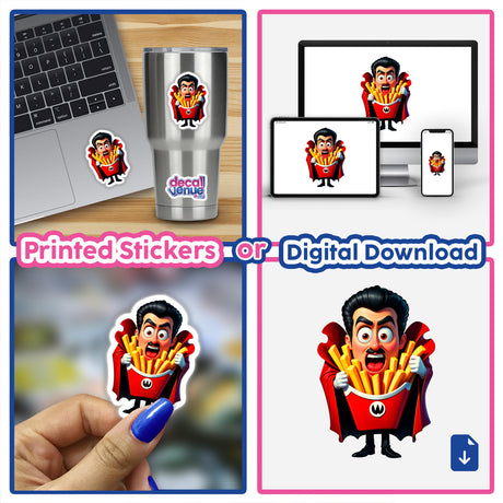 Funny Dracula French Fries sticker collage featuring a cartoon character holding fries. Available as stickers or digital artwork from Decal Venue, known for unique designs.