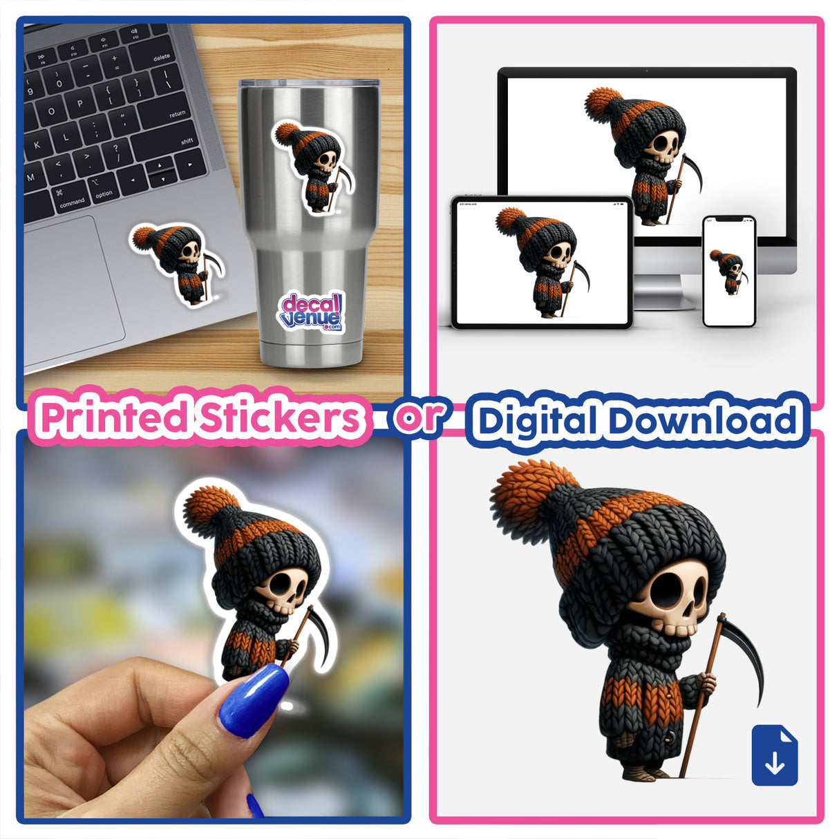 Skeleton Gnome with Tiny Scythe - Digital artwork featuring an adorable skeleton gnome character holding a miniature scythe, available as printed stickers or digital downloads from DecalVenue.