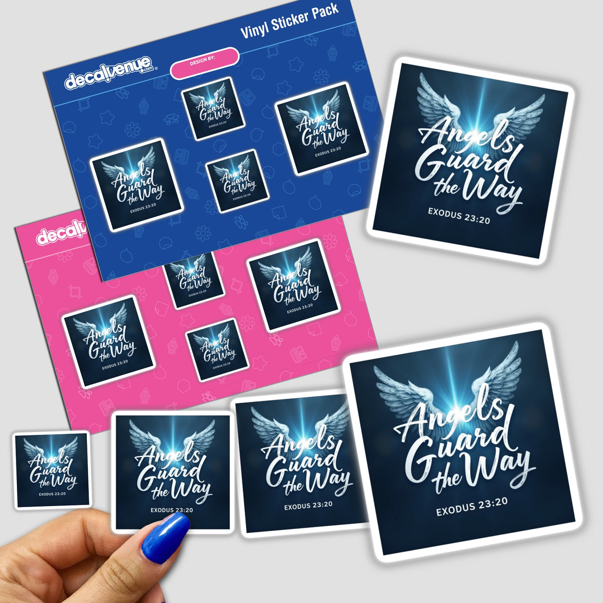 Hand holding Angels Guard the Way – Exodus 23:20 Christian sticker pack, featuring white text and wing motifs. Available as stickers or digital clipart with commercial rights.