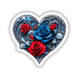 Luxurious Silver Blue Heart with Red and Blue Roses sticker, featuring intricate floral designs and leaves, available as a unique digital artwork from Decal Venue.