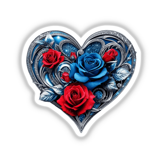 Luxurious Silver Blue Heart with Red and Blue Roses sticker, featuring intricate floral designs and leaves, available as a unique digital artwork from Decal Venue.