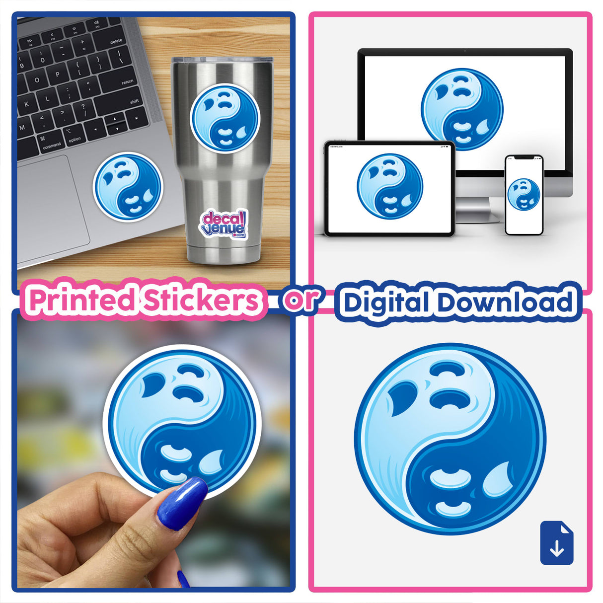 Ghost Yin Yang Blue sticker pack, featuring a collage of blue and white yin yang designs, displayed on a laptop and held in hand, highlighting the unique style from Decal Venue.