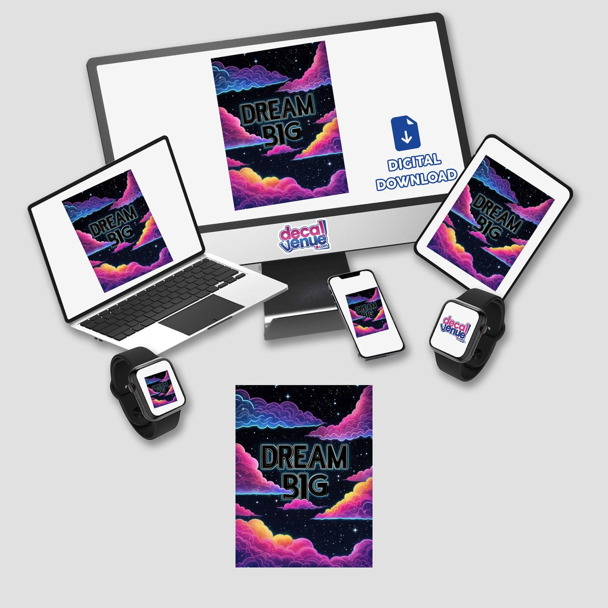 Dream Big with Neon Cosmic Clouds design featuring electronic devices including a laptop, tablet, and phone, highlighted as unique stickers or digital artwork from Decal Venue.