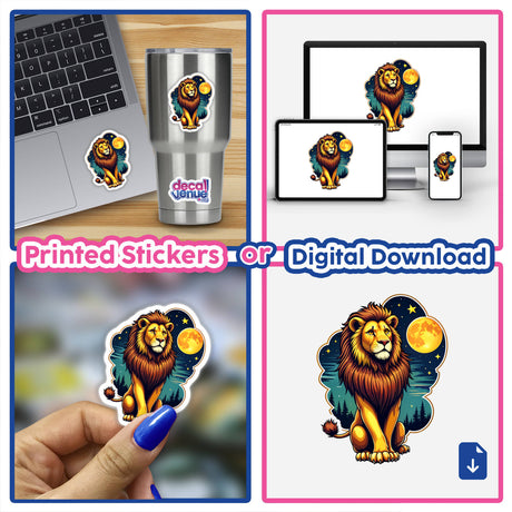 Collage of Cool Lion With A Starry Night featuring a cartoon lion on stickers, showcasing various sizes and placements, ideal as unique stickers or digital artwork from Decal Venue.