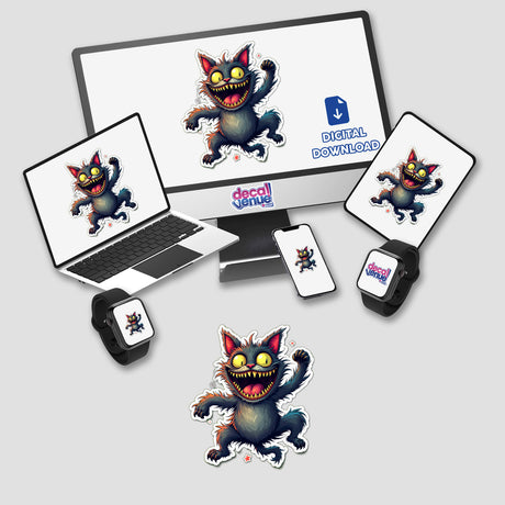 Gato Acelerado digital artwork displayed on a monitor, laptop, tablet, phone, smartwatch, and stickers, featuring a cartoon cat with yellow eyes and sharp teeth.