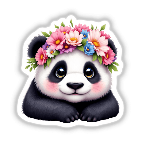 Sweet Panda Wearing a Flower Crown: A cartoon panda adorned with a vibrant flower crown, available as stickers or digital artwork. Perfect for adding charm to any collection from Decal Venue.