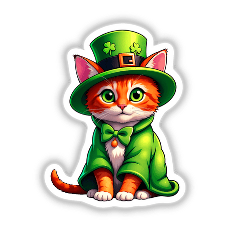 St. Patrick's Day Kitten cartoon with a green hat and cape, available as stickers or digital artwork from Decal Venue.