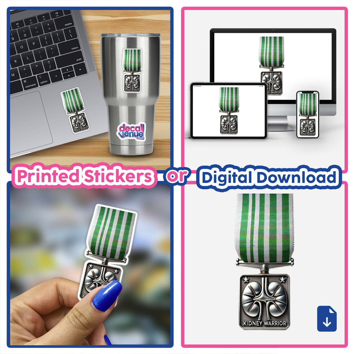 Kidney Warrior Medal Sticker - Green and black striped medal design expressing strength and resilience, available as a printed sticker or digital download from Decal Venue.