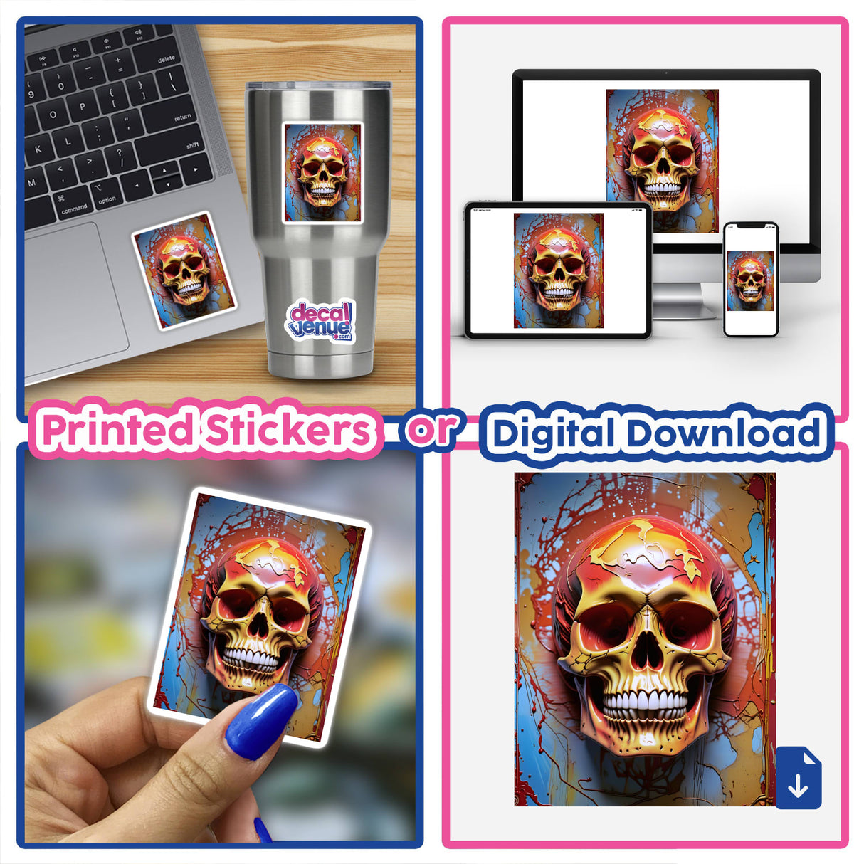 Collage featuring a laptop adorned with the Abstract 3D Skull Art sticker, showcasing a striking skull design available as a vinyl sticker or digital artwork from Decal Venue.