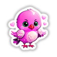 A Cute Little Bird With Love Hearts cartoon illustration featuring a pink bird with green eyes and a beak, available as stickers or digital artwork from Decal Venue.