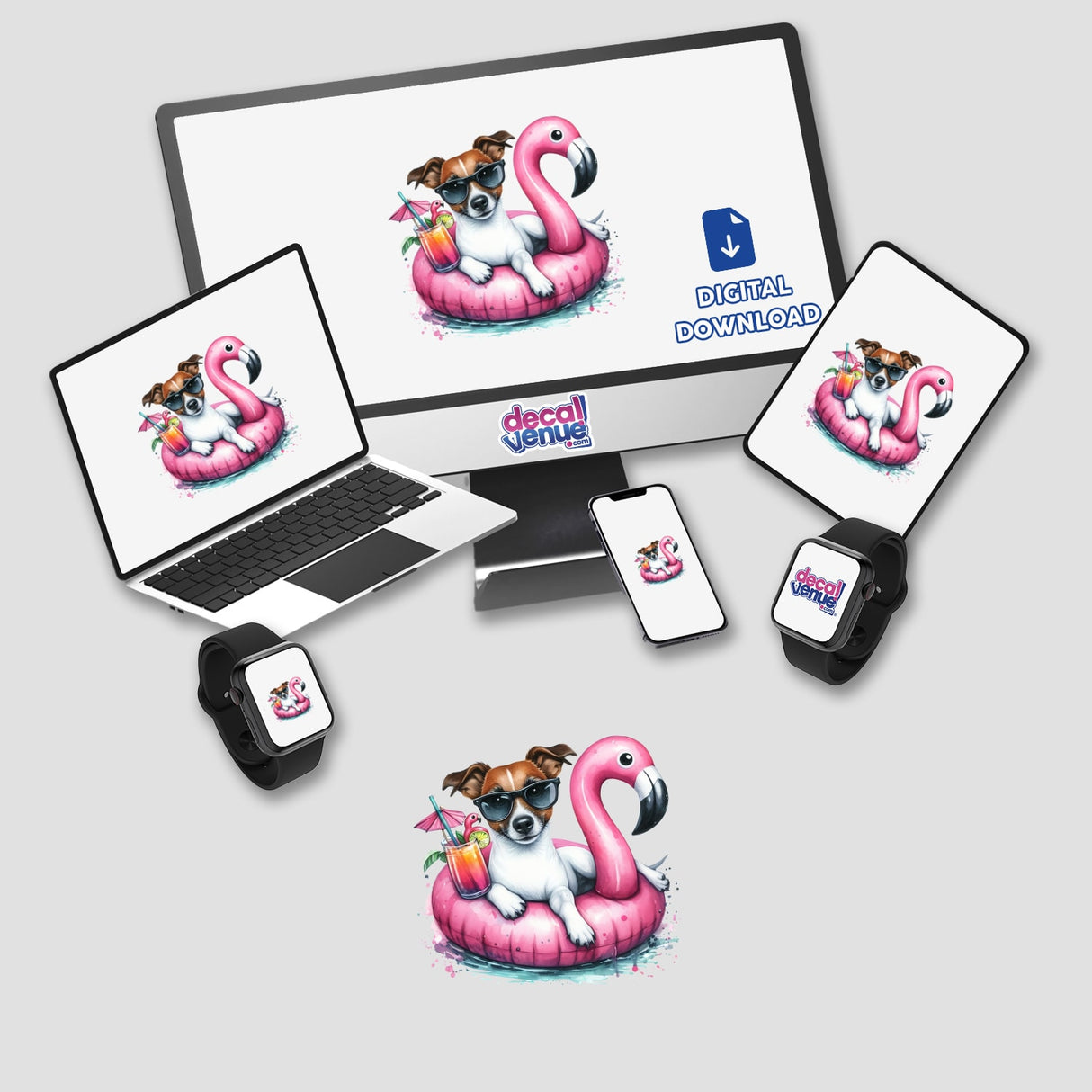 Jack Russell Dog on Flamingo Float depicted on computer monitor and laptop screens, available as unique stickers or digital artwork from Decal Venue.