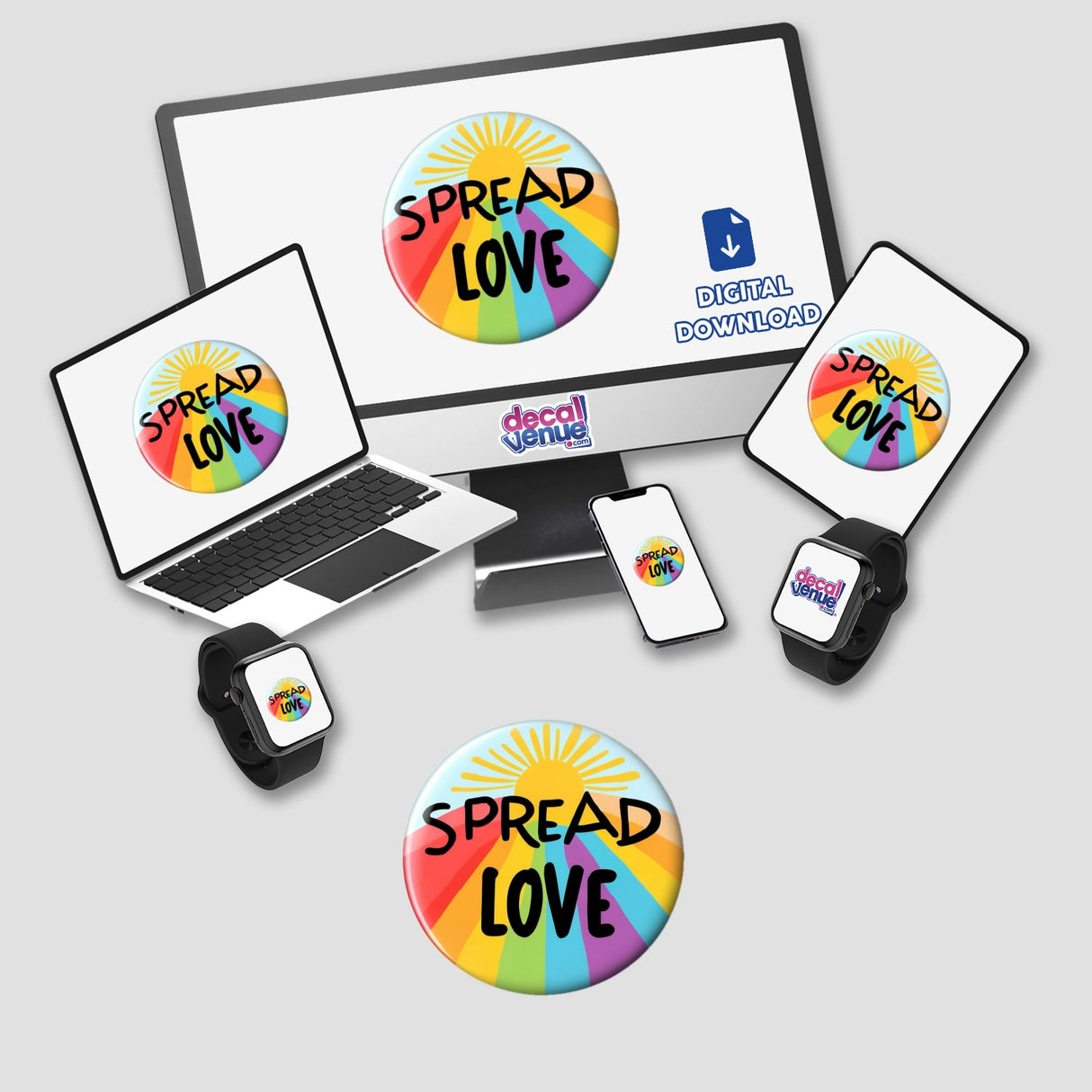 Colorful ‘Spread Love’ Button Design featuring a radiant yellow sunburst and rainbow stripes displayed on a laptop, phone, and tablet, highlighting its availability as stickers or digital artwork.