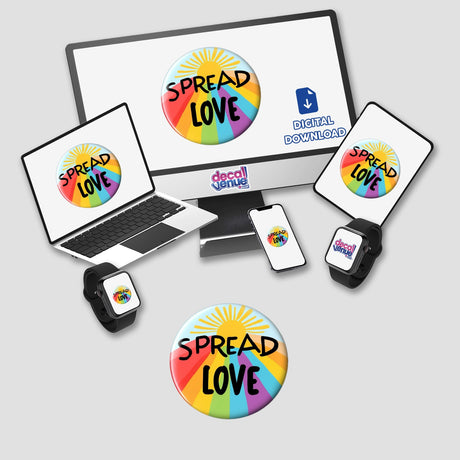 Colorful ‘Spread Love’ Button Design featuring a radiant yellow sunburst and rainbow stripes displayed on a laptop, phone, and tablet, highlighting its availability as stickers or digital artwork.