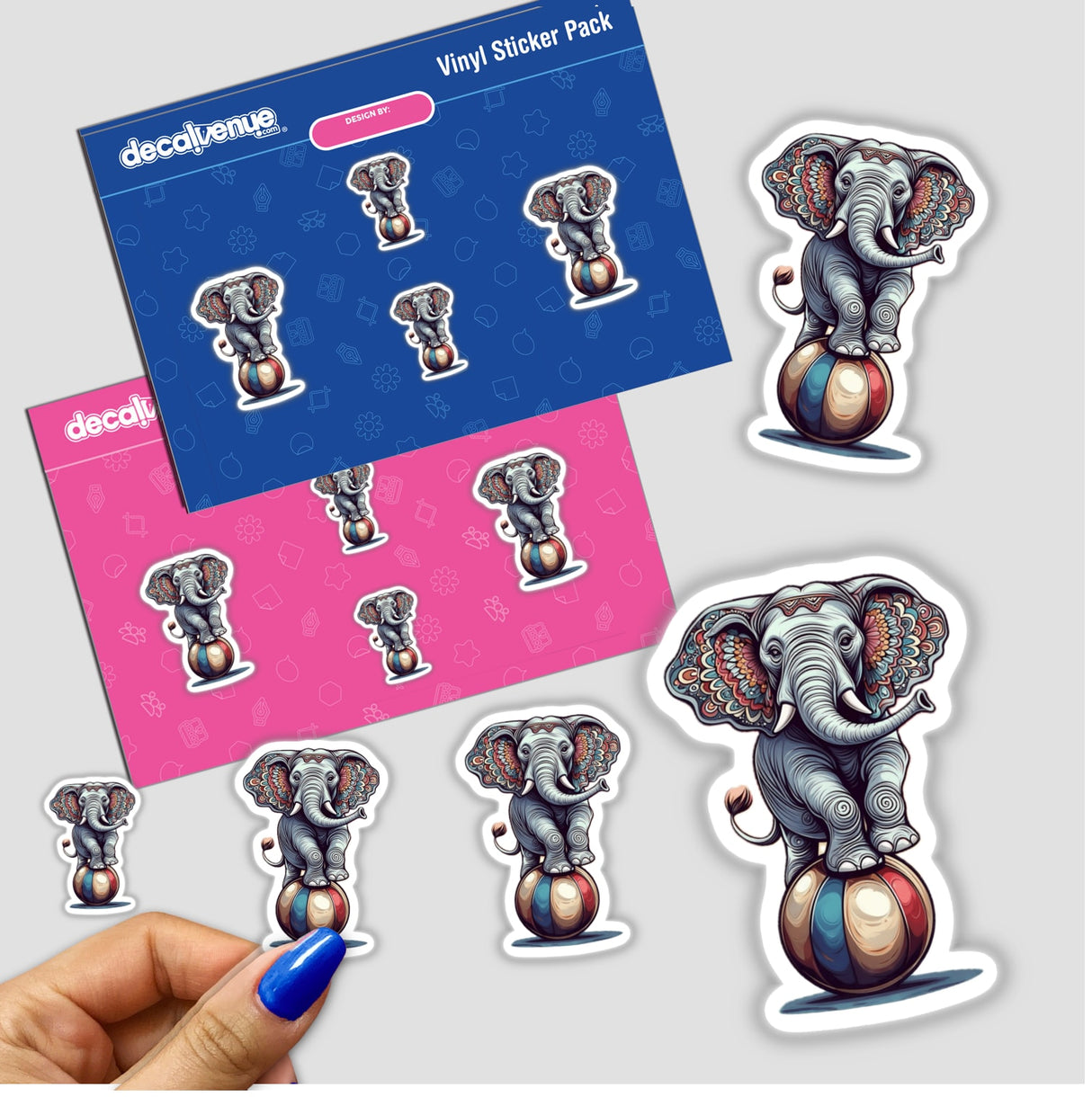 Ornate Circus Elephant Balancing on Ball with Vibrant Mandala Ears sticker pack, featuring colorful elephant designs, ideal for unique vinyl sticker collections or digital artwork displays.