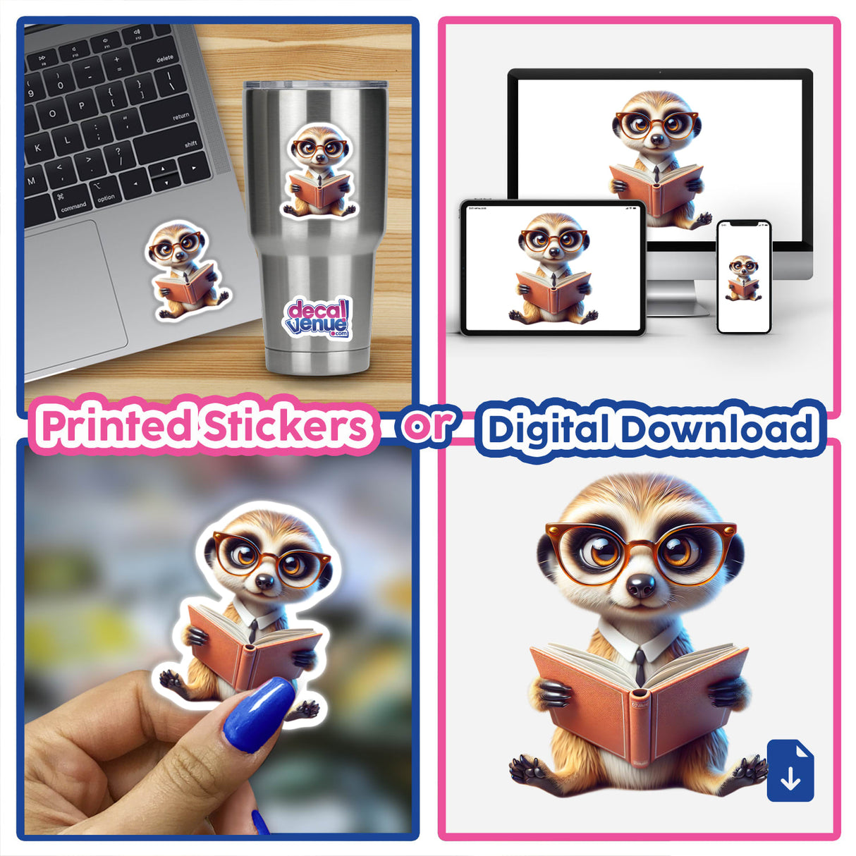 Meerkat With Reading Glasses Open Book; collage of cartoon meerkat reading and holding a book, available as stickers or digital artwork at Decal Venue.