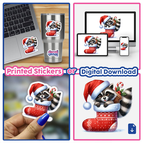 Cute Santa Raccoon in Christmas Stocking sticker collage, featuring raccoons peeking from stockings, perfect for laptops or cups. Available as stickers or digital artwork from Decal Venue.