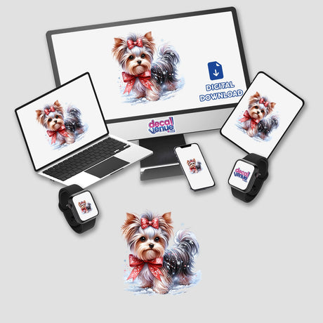 Winter Baby Watercolor Yorkie Dog displayed on a computer monitor and laptop, both showcasing a cute Yorkie with a bow, available as stickers or digital artwork.