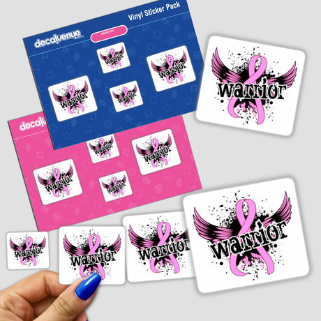 Gold Breast Cancer Series 19 stickers featuring intricate pink ribbon designs with wings and text, available as physical stickers or digital artwork.