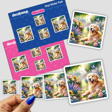 Golden Retriever in a Magical Garden Path Watercolor Illustration sticker featuring a cartoon dog amid flowers and butterflies, appealing for both sticker lovers and digital art enthusiasts.