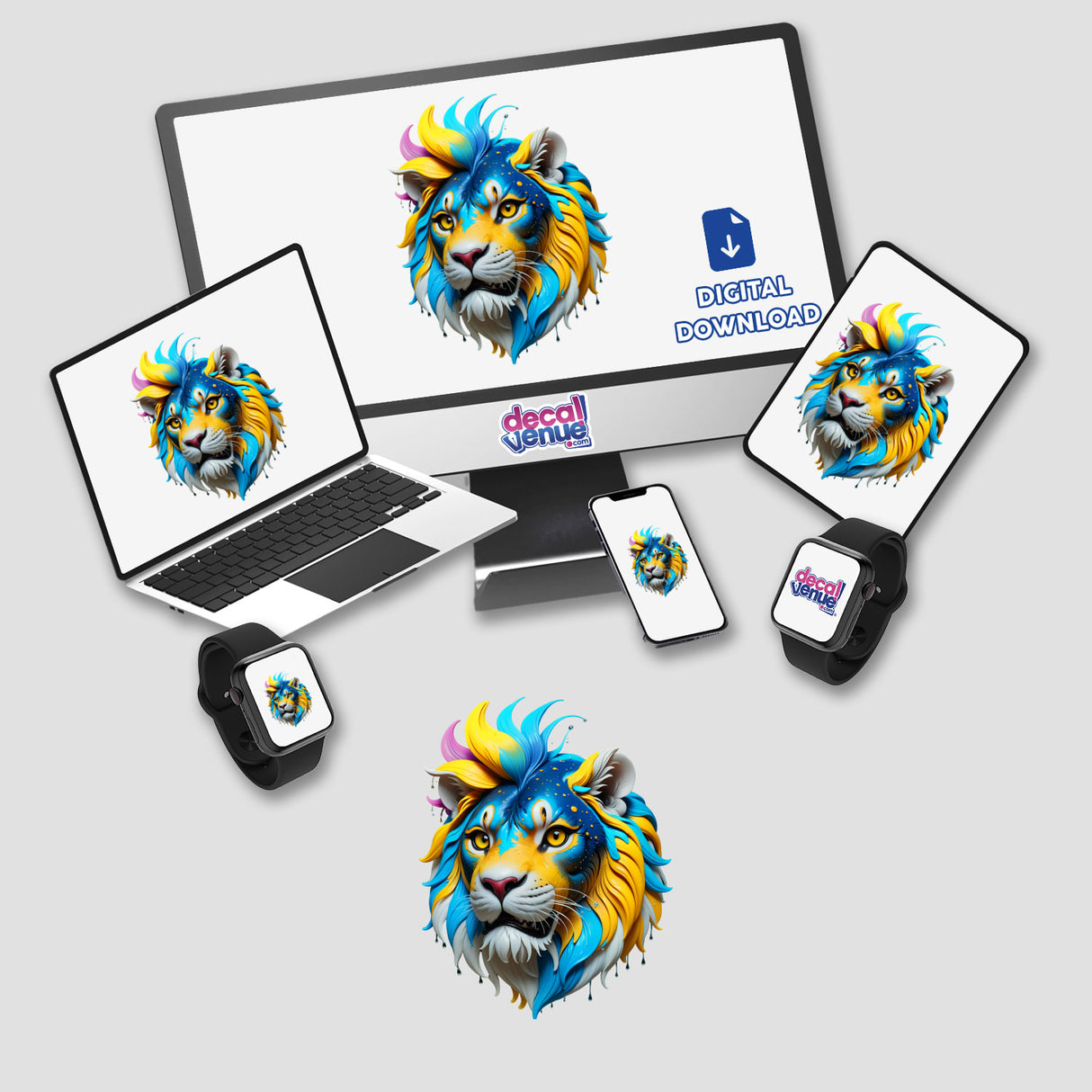 Colorful Lion Head displayed on a computer monitor and laptop, showcasing vibrant digital artwork available as stickers or digital art from Decal Venue.