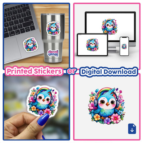 Collage showcasing Birdie Listening to Music sticker on laptops and cups, highlighting a cartoon bird with headphones, available as stickers or digital artwork from Decal Venue.