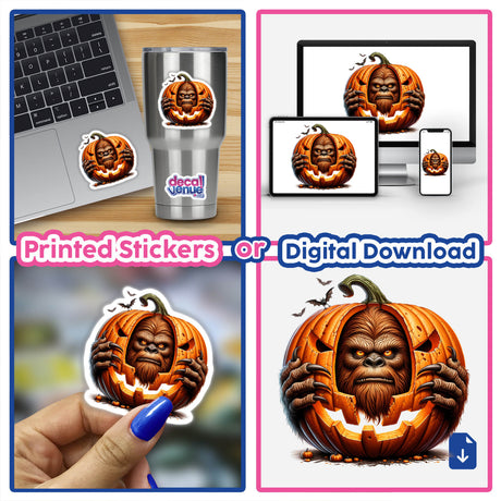 Spooky Sasquatch peeking out of carved pumpkins on printed stickers and digital downloads for Decal Venue, an online store featuring unique designs and artwork.