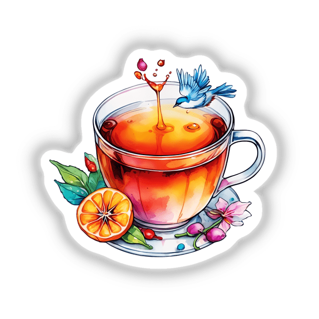 Teac cup splash: A bird elegantly flying over a teacup, creating a whimsical splash. Available as unique stickers or digital artwork from Decal Venue.