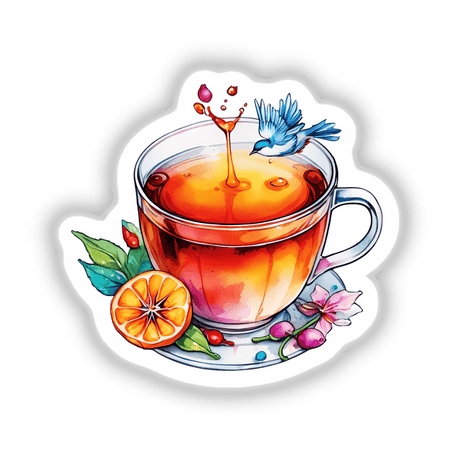 Teac cup splash: A bird elegantly flying over a teacup, creating a whimsical splash. Available as unique stickers or digital artwork from Decal Venue.