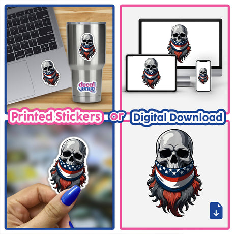 Cool skull with an American flag bandana sticker collage, featuring laptops and cups adorned with this unique design, available as vinyl stickers or digital art.