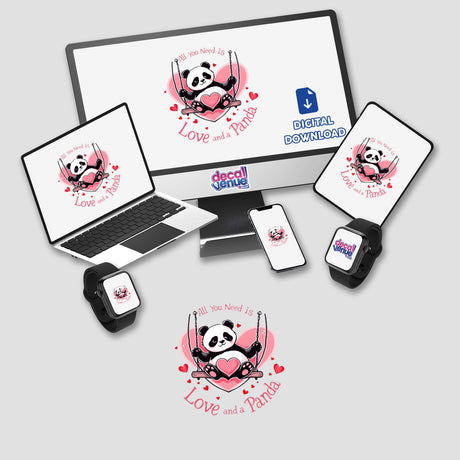 Valentine Panda design displayed on a computer monitor and laptop, ideal as stickers or digital artwork, capturing a playful cartoon panda, available at Decal Venue.