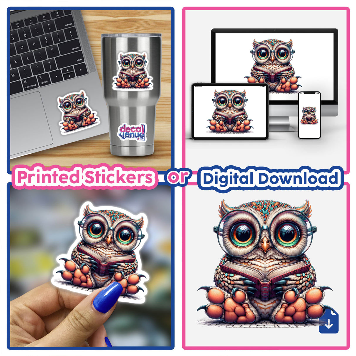 Cute Owl With Reading Glasses Open Book collage featuring cartoon owls reading books, available as stickers or digital artwork; includes close-ups of owl details and laptop with owl sticker.