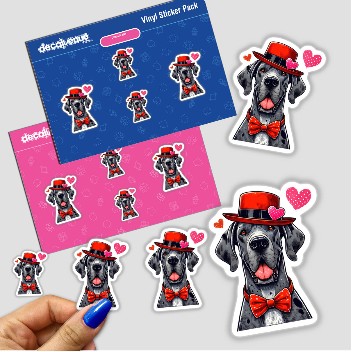 Great Dane Valentine Dog sticker featuring a cartoon black dog in a red hat and bow tie, perfect for adding charm to your collection. Available as stickers or digital artwork.