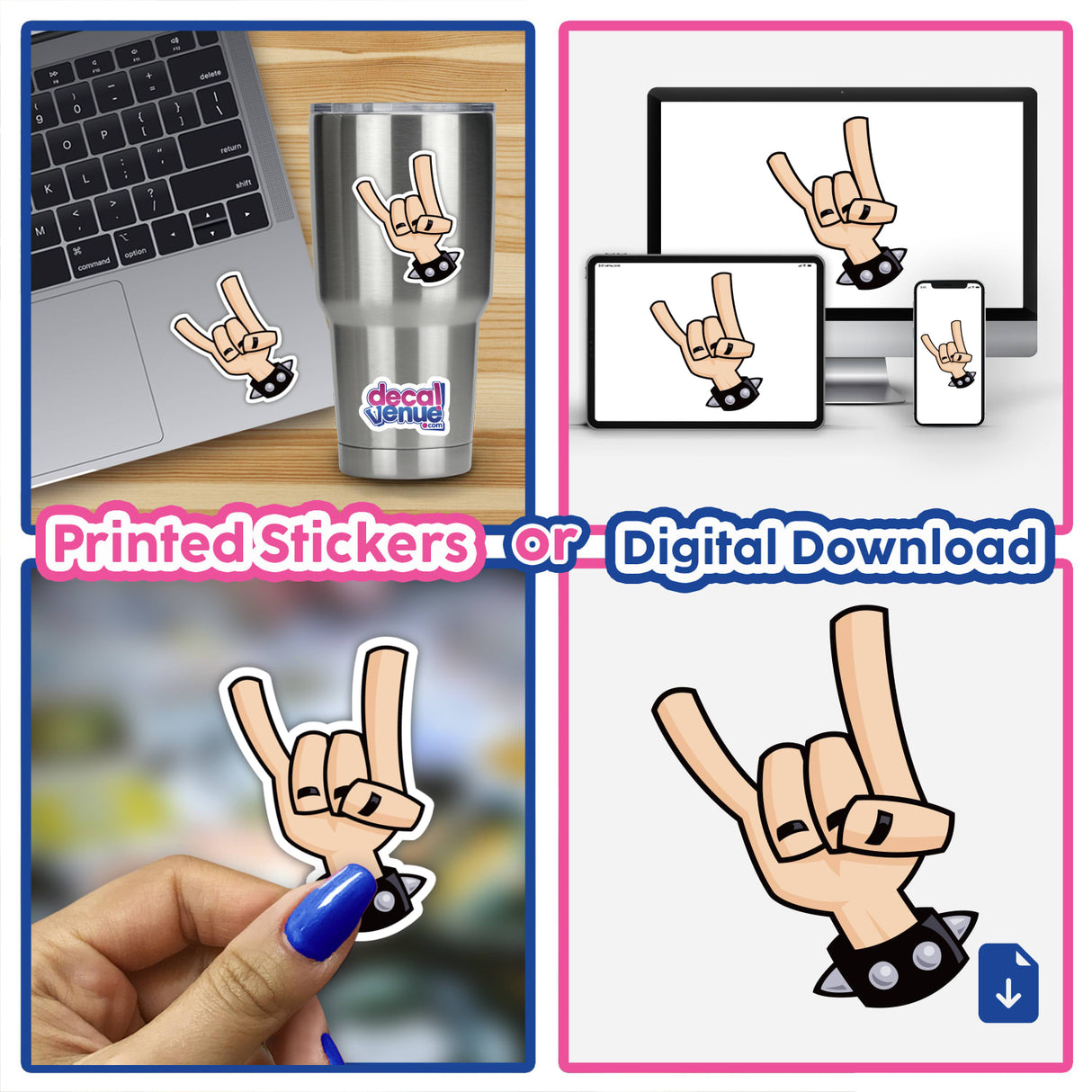 Heavy Metal Devil Horns sticker displayed in a collage of hand gesture images, featuring a cartoon hand with a finger pointing up, emphasizing unique decal artistry.